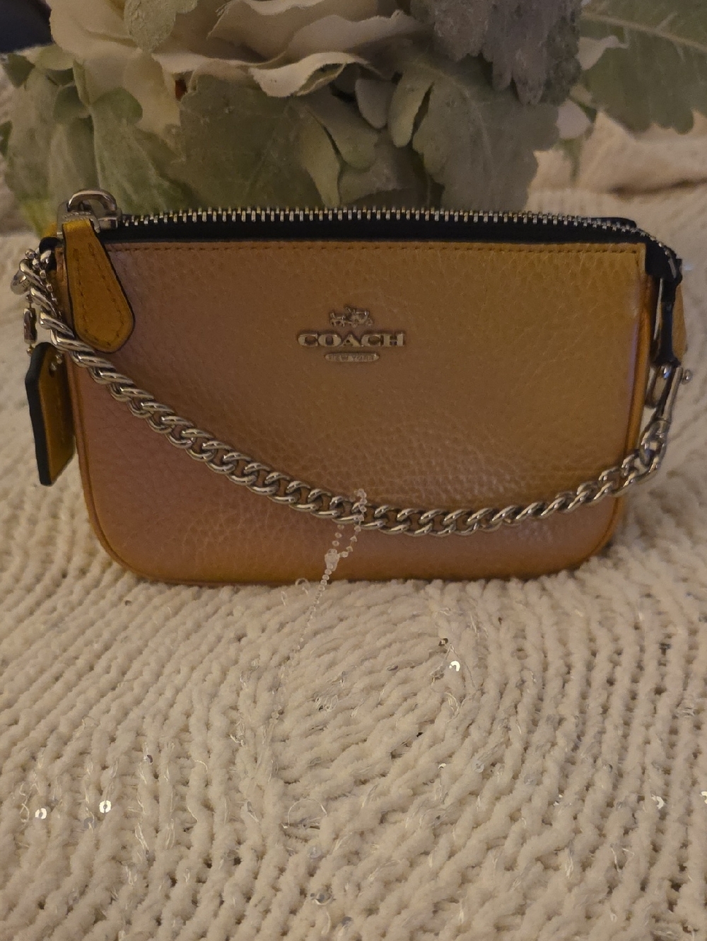 COACH Nolita Gold/Pink Iridescent Hologram Oil Slik Leather Chain Wristlet